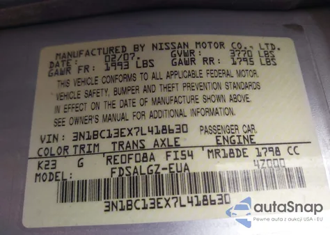 2007 Nissan Versa 1.8Sl z USA, uszkodzony, nr VIN 3N1BC13EX7L418630